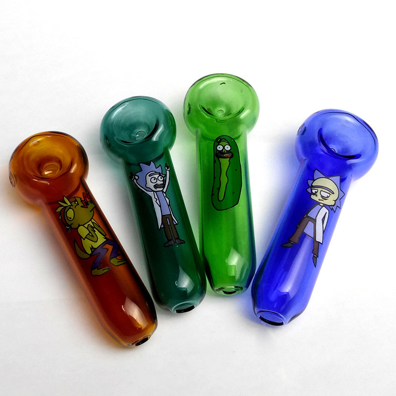 Colorful Straight Glass Hand Pipe With Rick & Morty Cucumber Label
