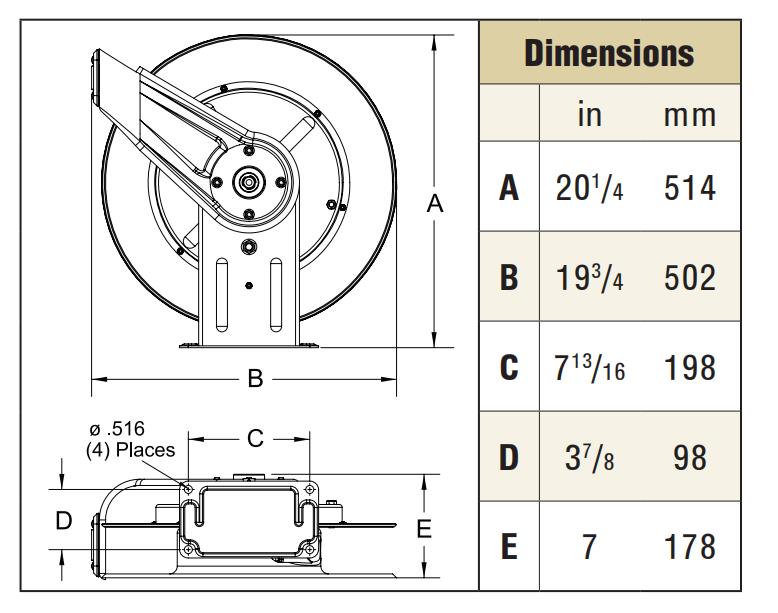 Multi-positional guide arm facilitates ceiling, wall or floor mount Metal Clean Air Hose Reel
