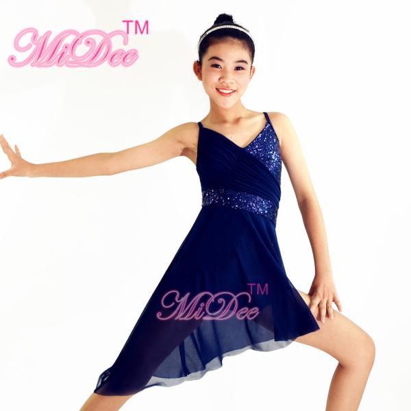 Buy cheap Navy Blue Lyrical Dance Competition Costumes Sequin V-Neck Knee Length High-Low Dress from wholesalers