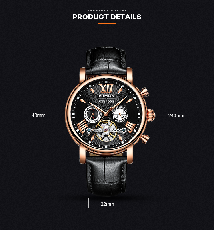 KINYUED J017-3 Gold Case Black Dial Leather Strap Complete Calendar Skeleton Waterproof relogio masculino Watches