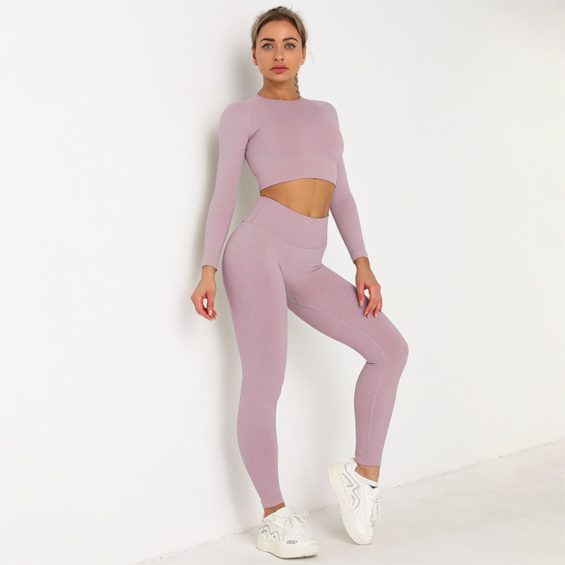 Purple Seamless Yoga Set Clothes Running High Waist Ribbed Long Sleeve Top