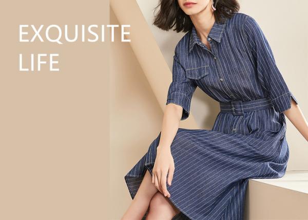 100% Cotton Belted Denim Dress Stripe Denim Button Through Long Skirt Indigo