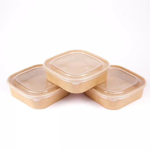Quality Custom Printing Disposable Kraft Paper Bowl Square With Plastic Lid Take Away Food Packing Container On Sale for sale