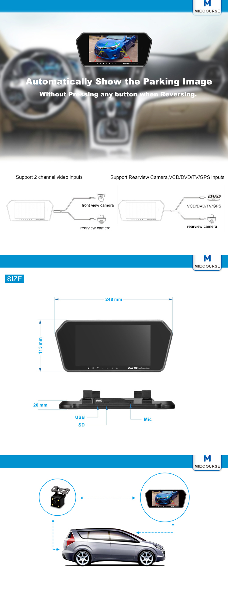 DC12V-24V Reverse Camera Rear View Mirror Monitor / Lcd Rear View Mirror