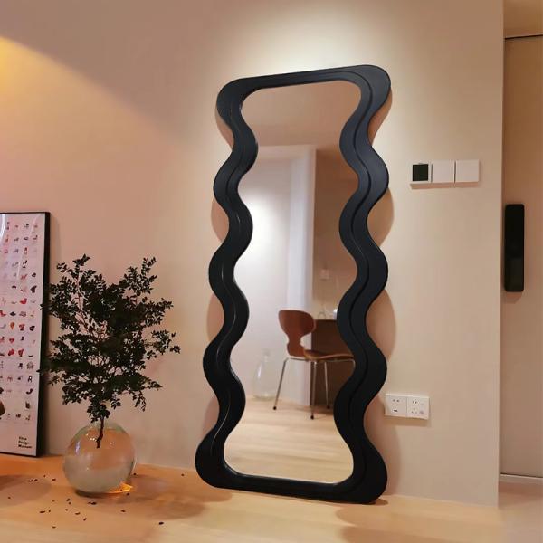 Buy cheap OEM Floor Wavy Standing Mirror Black Ornate Wooden Frame from wholesalers