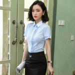 Short Sleeve Ladies Office Dresses / Summer Elegant Waist Tie Round Collar Women
