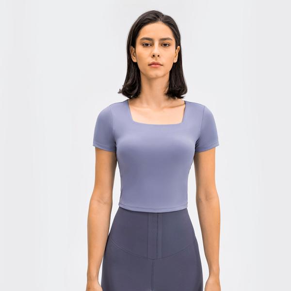 Buy cheap Short Sleeves Square Neck Breast Pad Elegant Women Fitness Shirt Yoga Wear Tshirt Tops Sport Workout Shirts from wholesalers