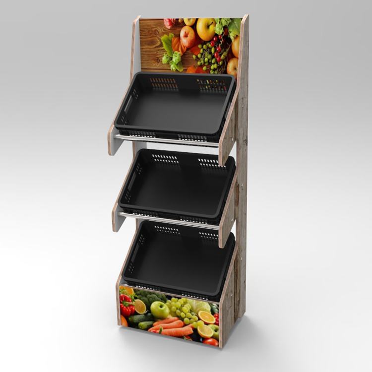 4 Sided Revolving Display Stand Wooden Fruit Display Shelf with Wheels