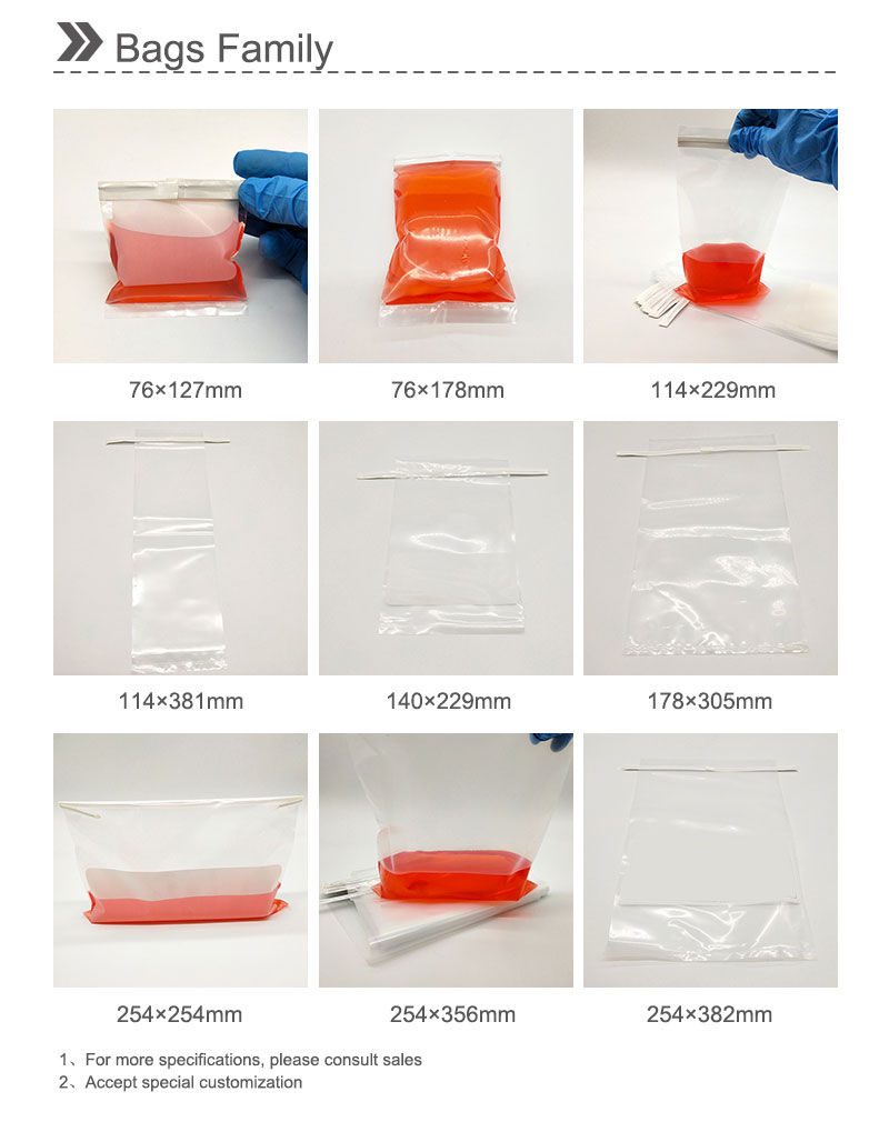 Sterile sampling bags with wire and white marking areas