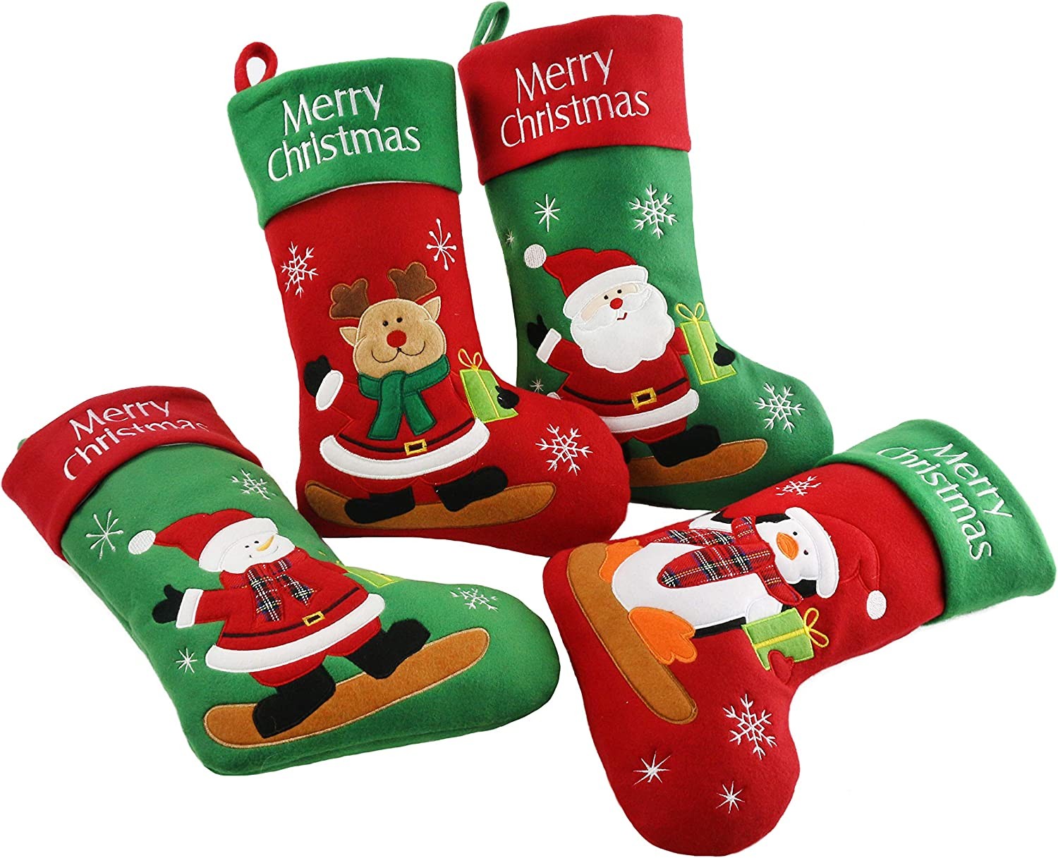 Pack Rustic Christmas Stockings, Penguin Snowman Claus Santa and Reindeer, Vintage Xmas Holiday Party Home Decorations