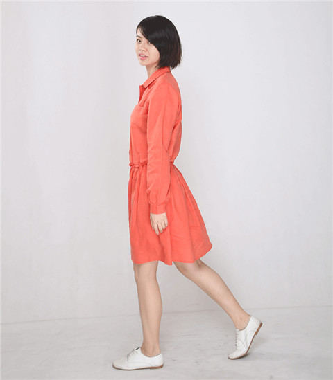 2015 Ladies Short Sleeve Orange Pleats Casual Linen Dress With Shirt Collar