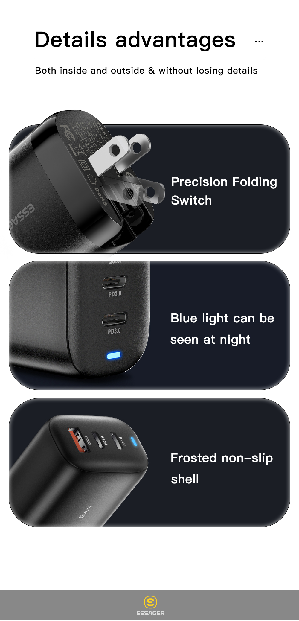 Travel GaN PD Wall Charger 65w 3 USB Port USB A Type C Fast Charging