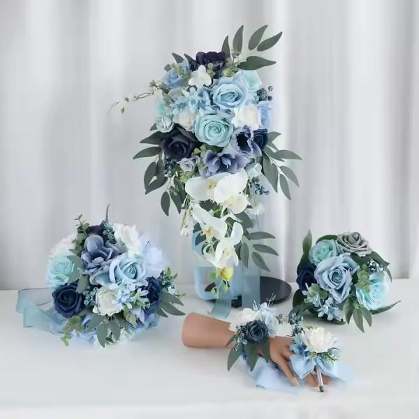 Ice Blue Rose Bride Holding Flowers Bridesmaid Bouquet Wedding Corsage Wrist