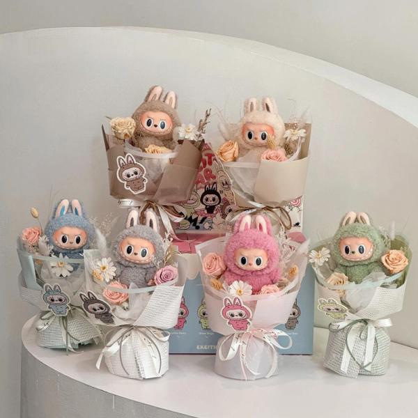 Buy cheap Cute Finished Labubu Plush Doll Bouquet Labubu Plush Doll with Real Flowers Birthday Gift Boutique Wholesale from wholesalers