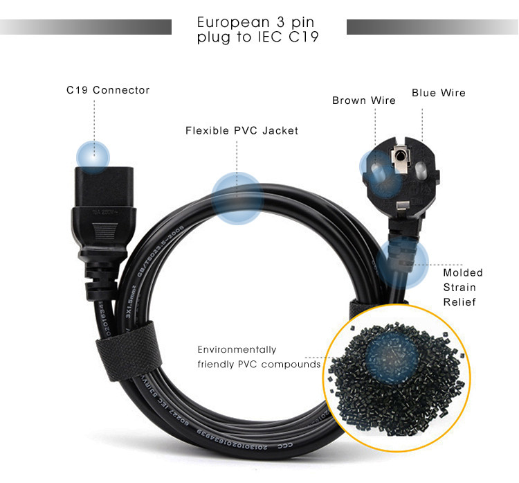 Pure Copper VDE Power Cord Electric Kettle Computer Three Hole 3 Core French Plug