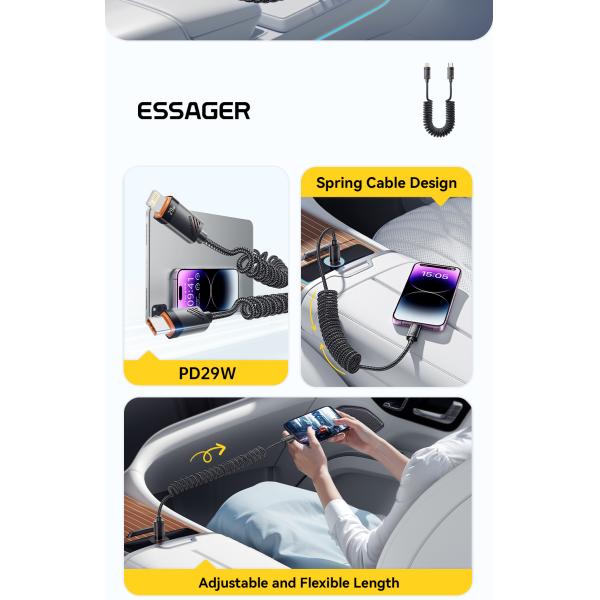 ESSAGER ES-X66 Spring Style 29W USB-C To Lighting Charging Cable Cord 1.8m Length Shielding Braid Included