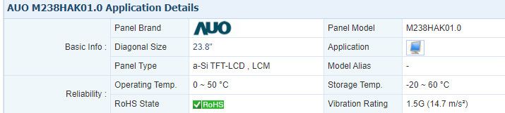 M238HAK01.0 AUO 23.8" 1920(RGB)×1080, 300 cd/m² 89/89/89/89 INDUSTRIAL LCD DISPLAY