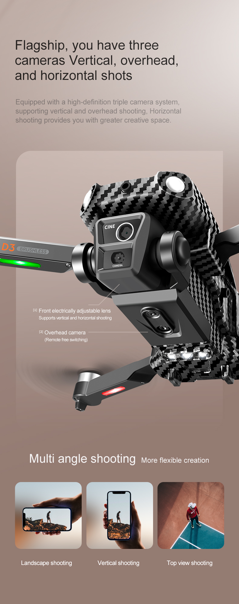Beginner Operator Skill Level Portable RC Drone with Obstacle Avoidance and Triple Camera D3 Pro 4k Brushless Motor