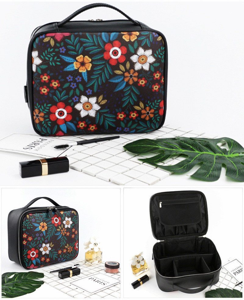 Travel Cosmetic Bag With Zipper Floral Compartment Red Portable Makeup Bag