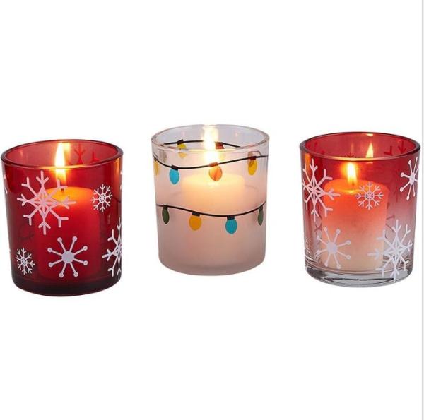 Red Christmas glass votive candle holder with white snow for Christmas decor