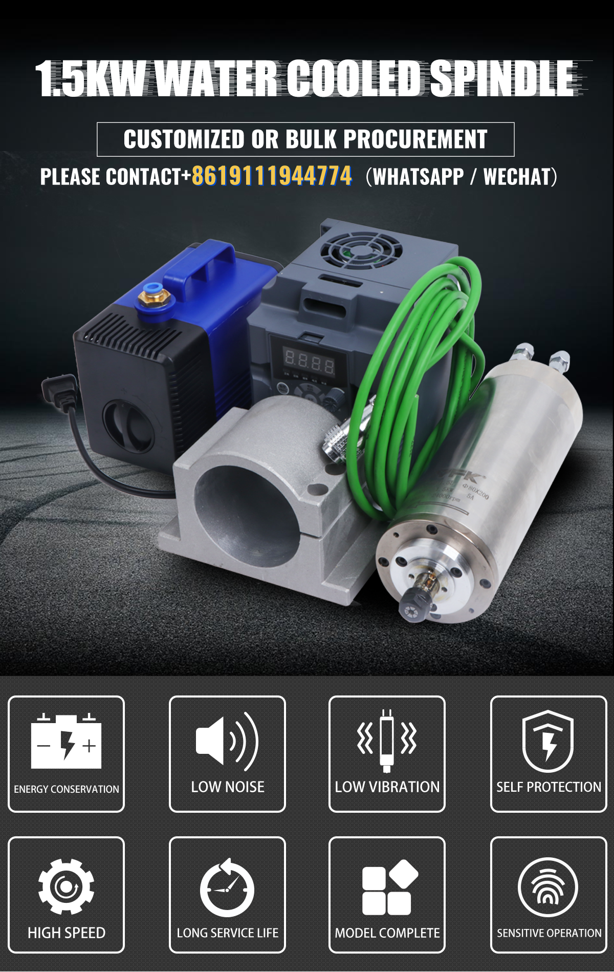 220V 80mm Diameter ER11 Collet Water Cooled Spindle Motor Kit for Milling CNC Router