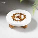 Solid Wood Heighten Pet Slow Food Bowl Cat Dog Ceramic Anti Choking