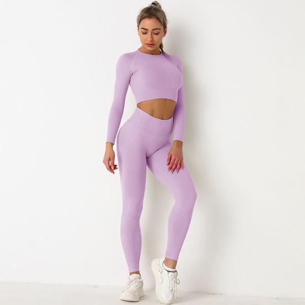 Buy cheap Purple Seamless Yoga Set Clothes Running High Waist Ribbed Long Sleeve Top from wholesalers