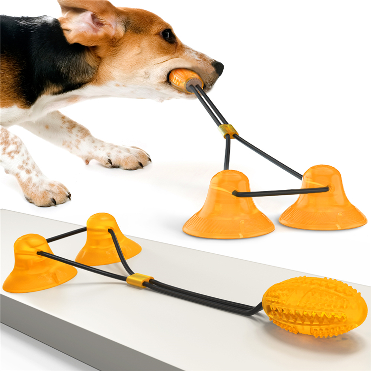 Indestructible Rubber Dog Treat Ball Bite-resistant Double Sucker Chew Toy Dog Pet Toys With 2 Suction Cup Rope