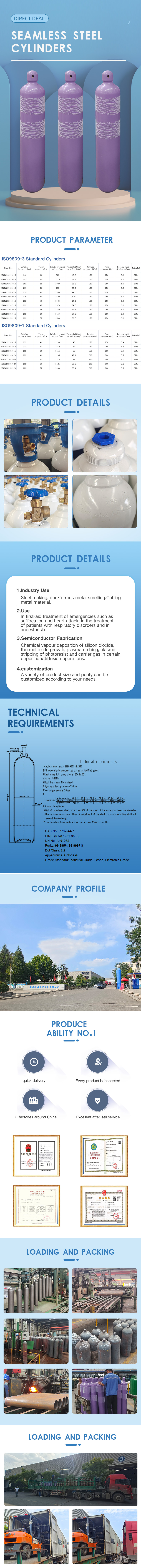 150Bar Oxygen Hydrogen Helium Gas Cylinder 10L/20L Argon Tank For Sale
