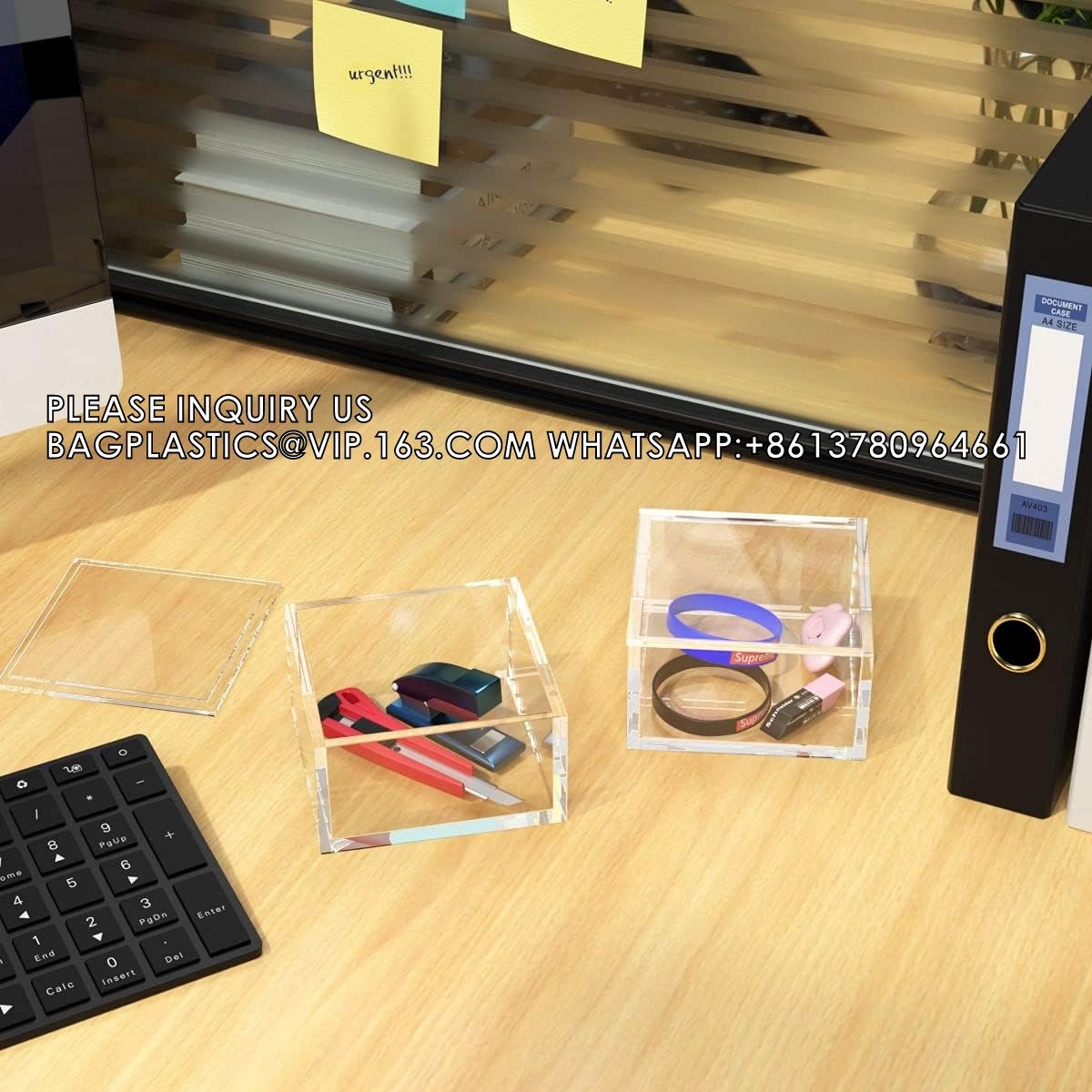 Clear Box Square Container To Hold Staples, Highlighters, Adhesive Tape, Paper Clips, Stamps, Stackable Mult-Purpose