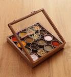 Wooden Handcrafted Spice Box with 16 Round Compartments & Spoon, Wood Spice Box