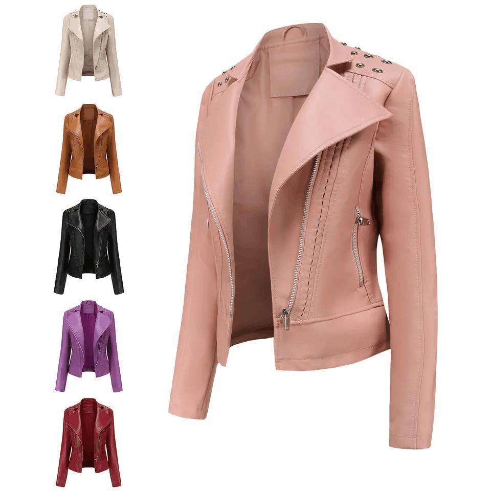 Women′s Rivet Faux Leather PU Jacket, Studded Rivet Punk Biker Moto Fashion Jacket Coat with Long Sleeve