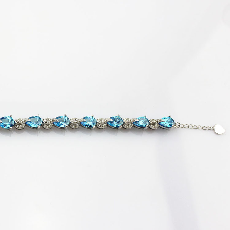 Sterling Silver Created Blue Topaz Clear CZ Diamonds Tennis Bracelet(B02BLUE)