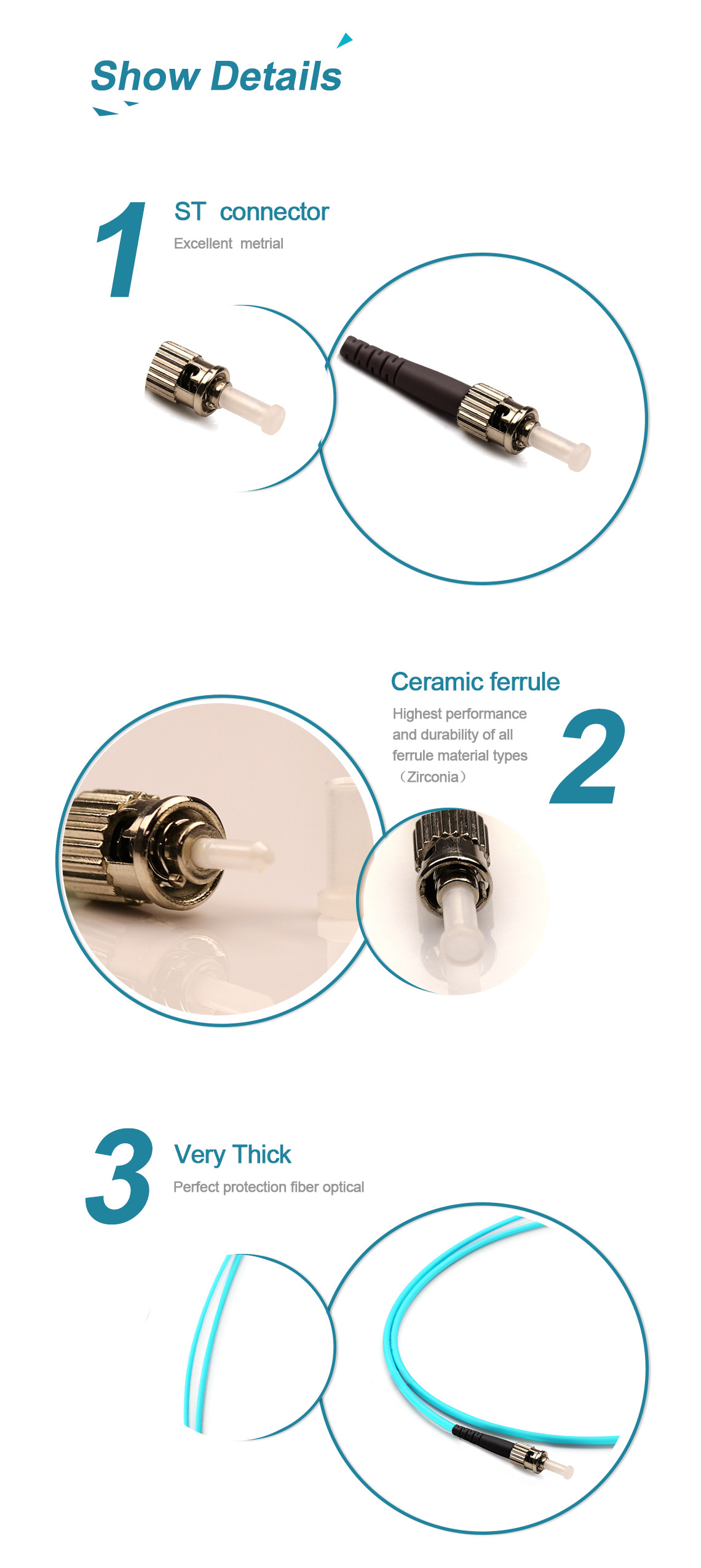Fiber Optic Patch Cord/ST/UPC-ST/UPC Multimode OM3/ Simplex/3.0mm/ LSZH/PVC/ Aqua