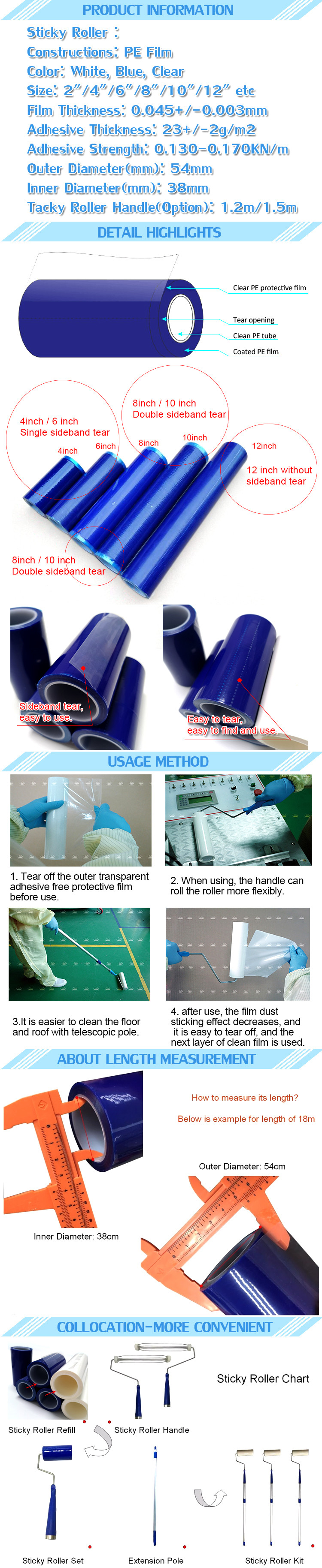 Various Color Dust Removing Sticky Roller For Cleanroom 2 / 4 / 6 / 8 / 12 Inches