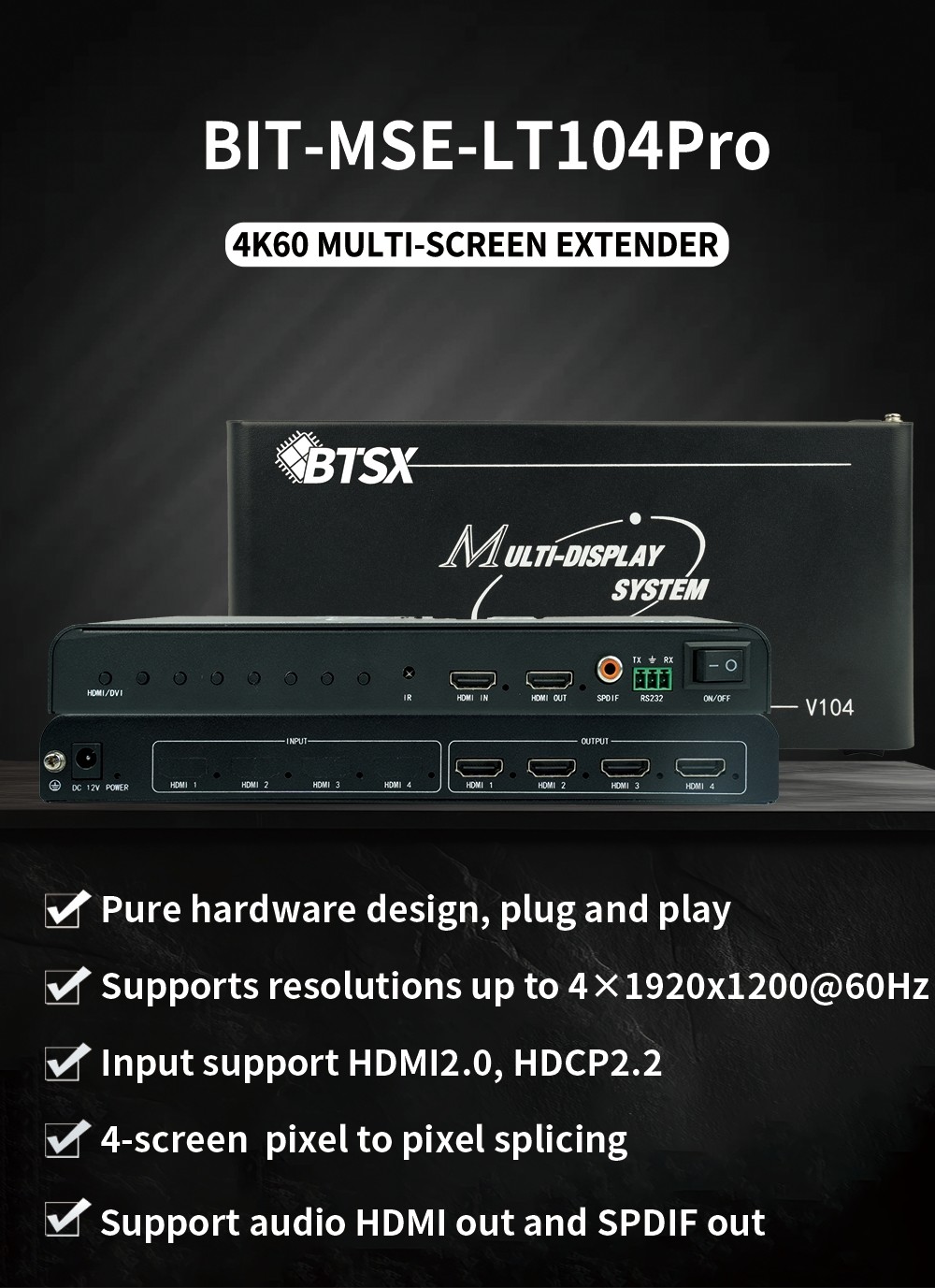 BIT-MSE-LT104PRO Multi-Screen Extender HDMI Audio Support and 2x1 Mode with Input Resolution Support