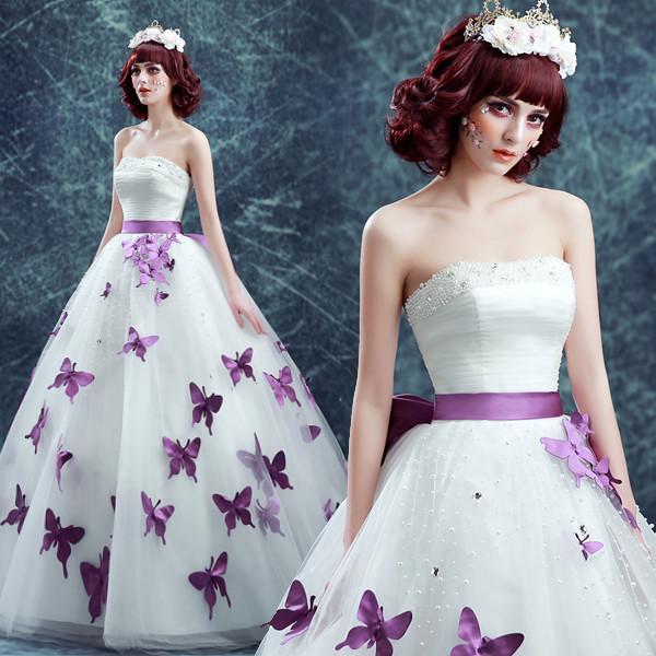 Off The Shoulder Purple Sashes Purple Butterfly Floor Length Organza Wedding