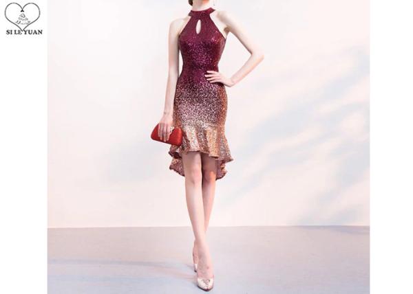 Buy cheap Sleeveless Mermaid Short Prom Dresses Backless Red And Black Sequins Fabric For Party from wholesalers
