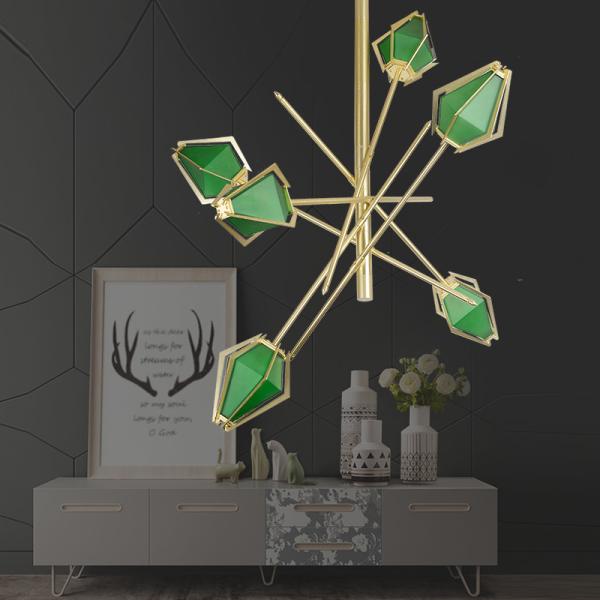 Diamond Chandelier Emerald Green And Milky White Glass Shade Harlow Chandelier