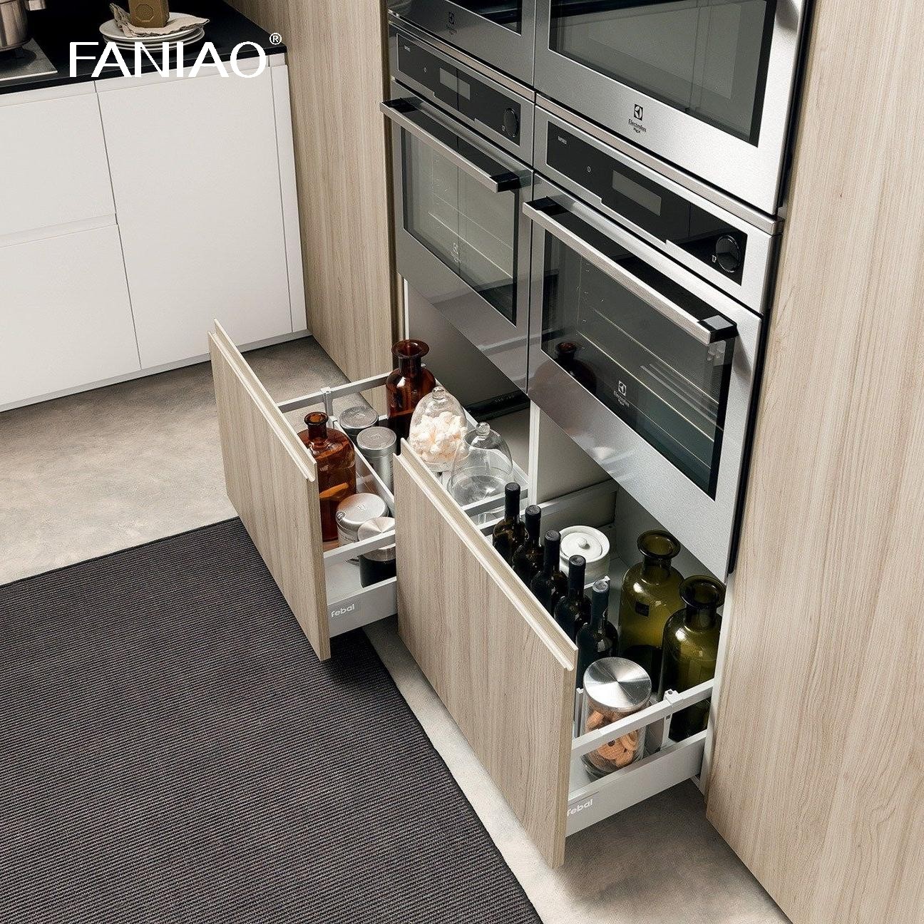 Minimalist Cabinet Designs Natural Wood Grain Stainless Steel Metal Modern Kitchen Cupboard Cabinet