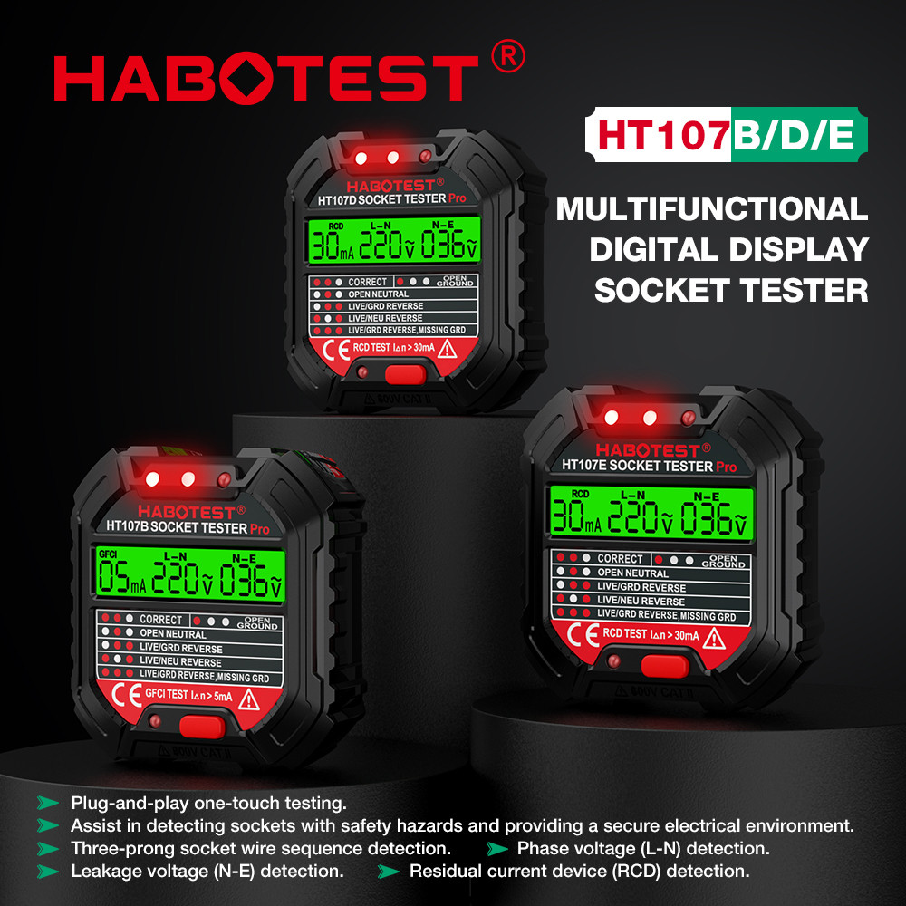 HT107 Socket Tester Pro Voltage Test RCD 5/30mA Socket Detector Ground Zero Line Plug Polarity Phase Check
