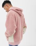 Pink Color Hooded Mens Sherpa Jacket With Pouch Pocket Machine Wash