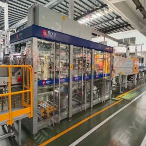 China Automatic Linear Type PE Film Shrink Wrapping Machine with 70KW Power and Less than 40KW Consumption for 200ºC~280ºC Shrink Temperature on sale