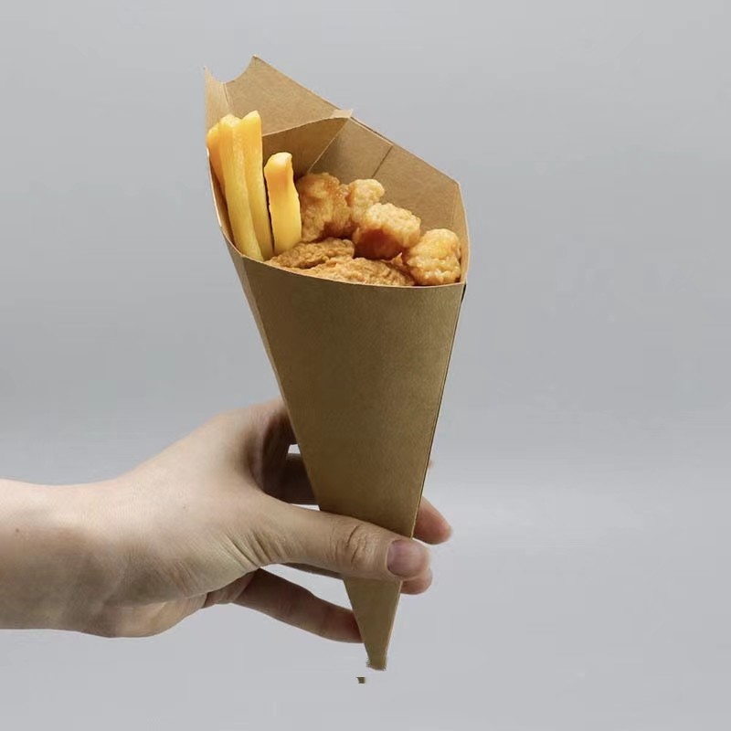 Custom Print Logo Biodegradable Paper Triangle Packaging Waffle Cone Holder Crepe Take Away Box