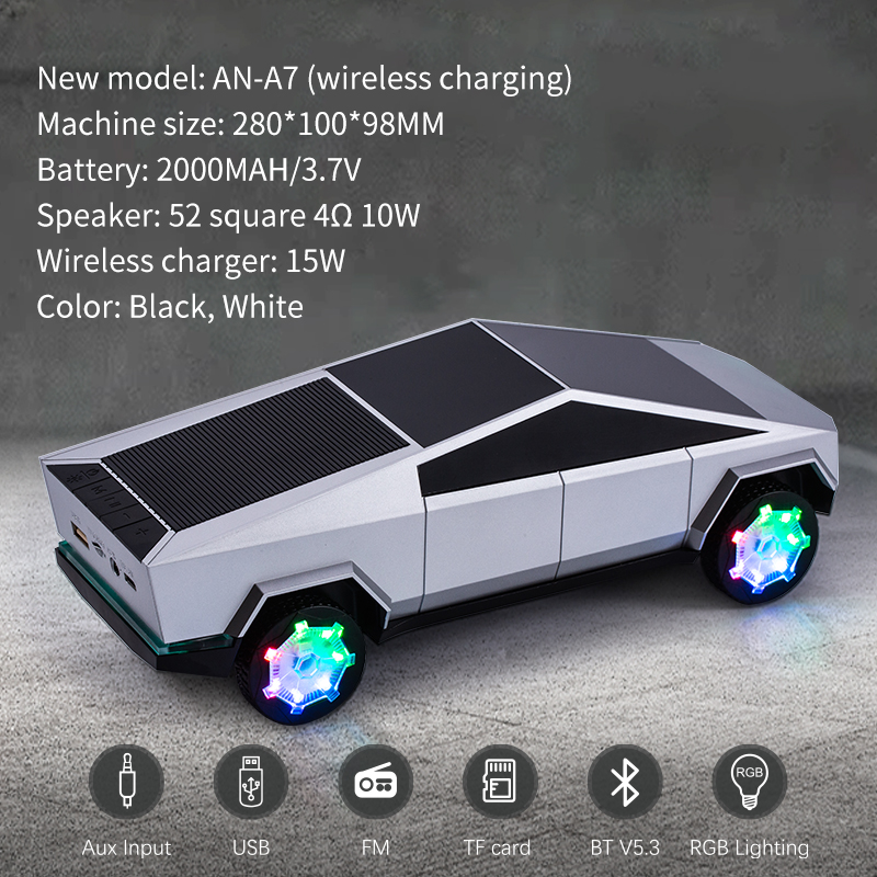 Tesla Cybertruck Pickuptruck Wireless Charging Charger Car Shape Blue tooth Speakers With BT/FM/TF/USB/AUX/RGB
