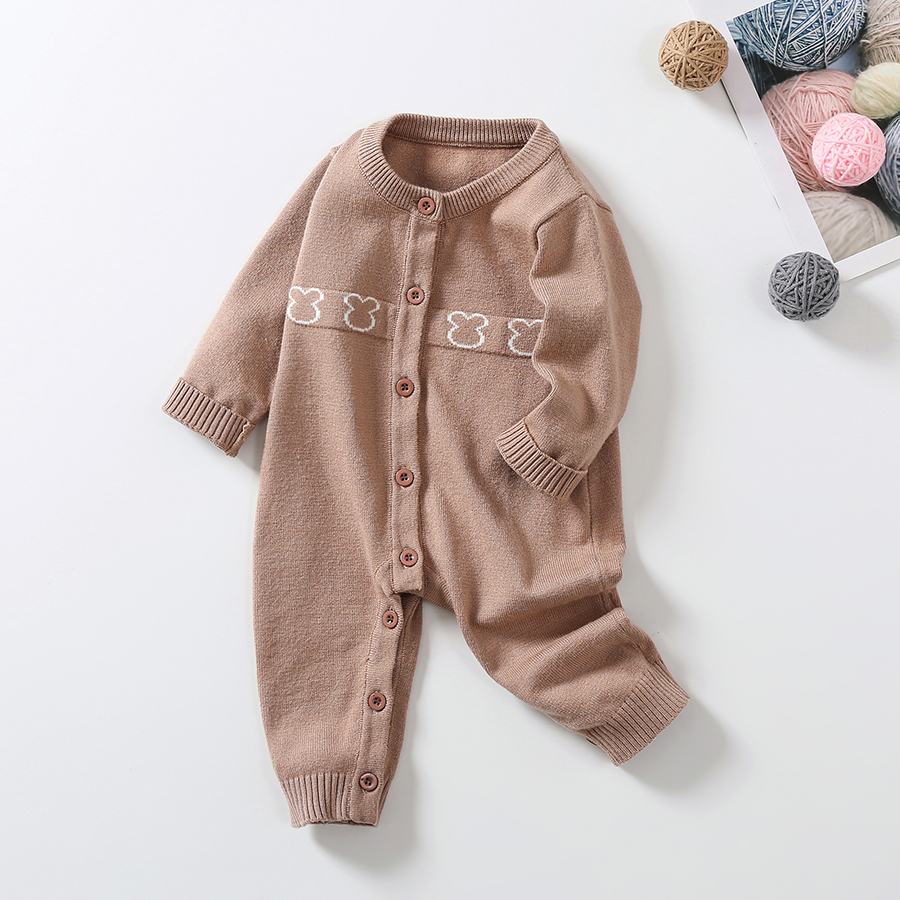 Custom Fall Winter White Pattern Long Sleeve Infant 100% Cotton Clothes Jumpsuit Toddler Knitted Baby Sweater Romper