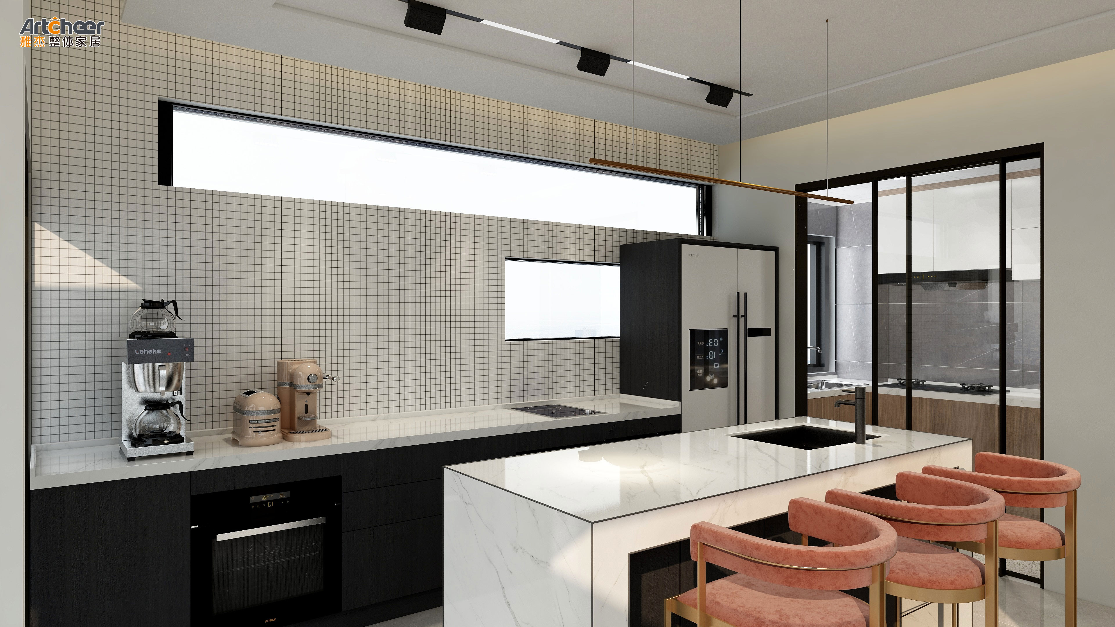 Artificial Quartz Countertop C Shaped Kitchen Cabinet Design For Home Furniture