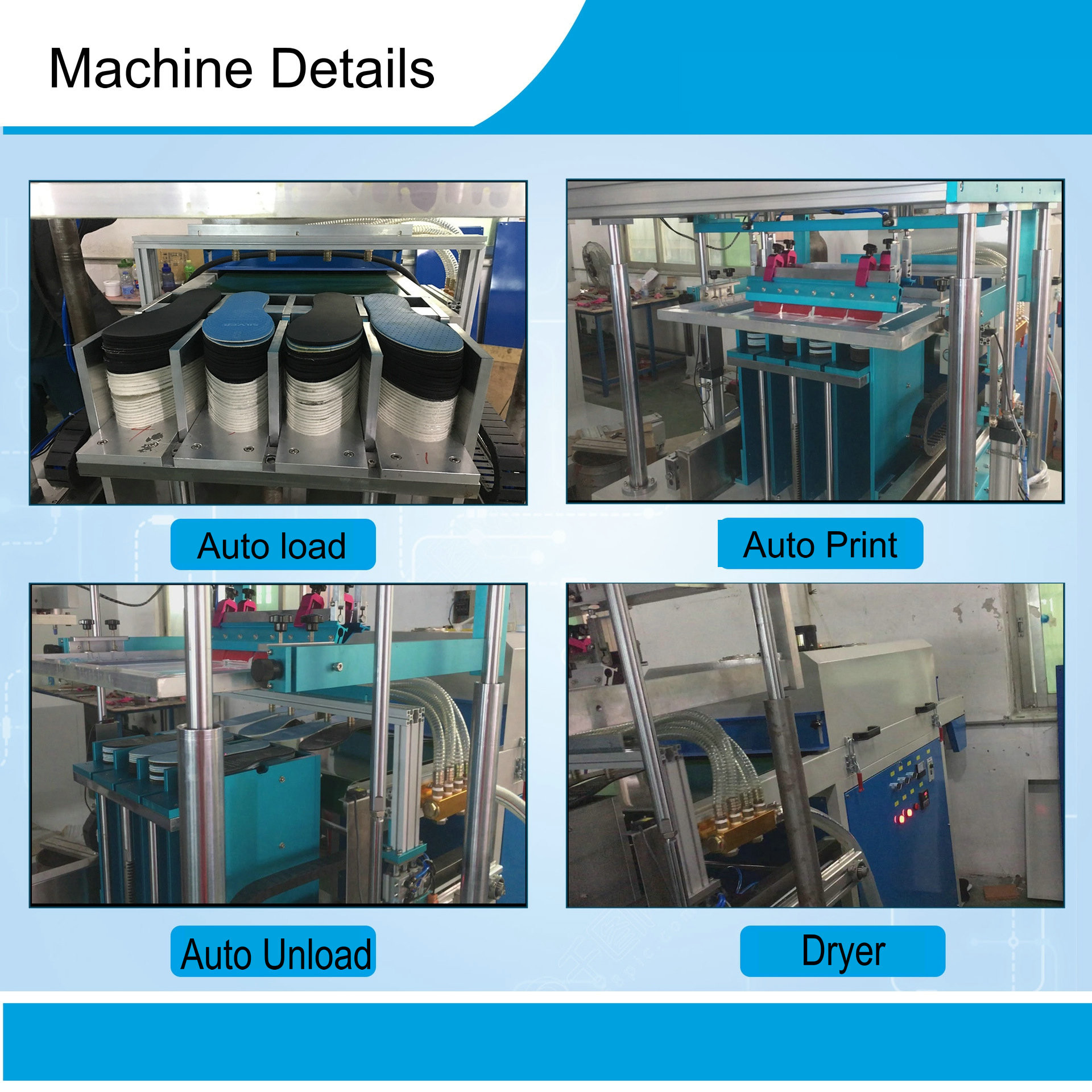 Shoes pad automatic screen printing machine with uploading device and tunnel
