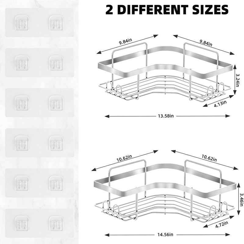 L-shaped Design No drilling Stainless Steel Strong adhesive Shower Organizer Shelf with 8 hooks