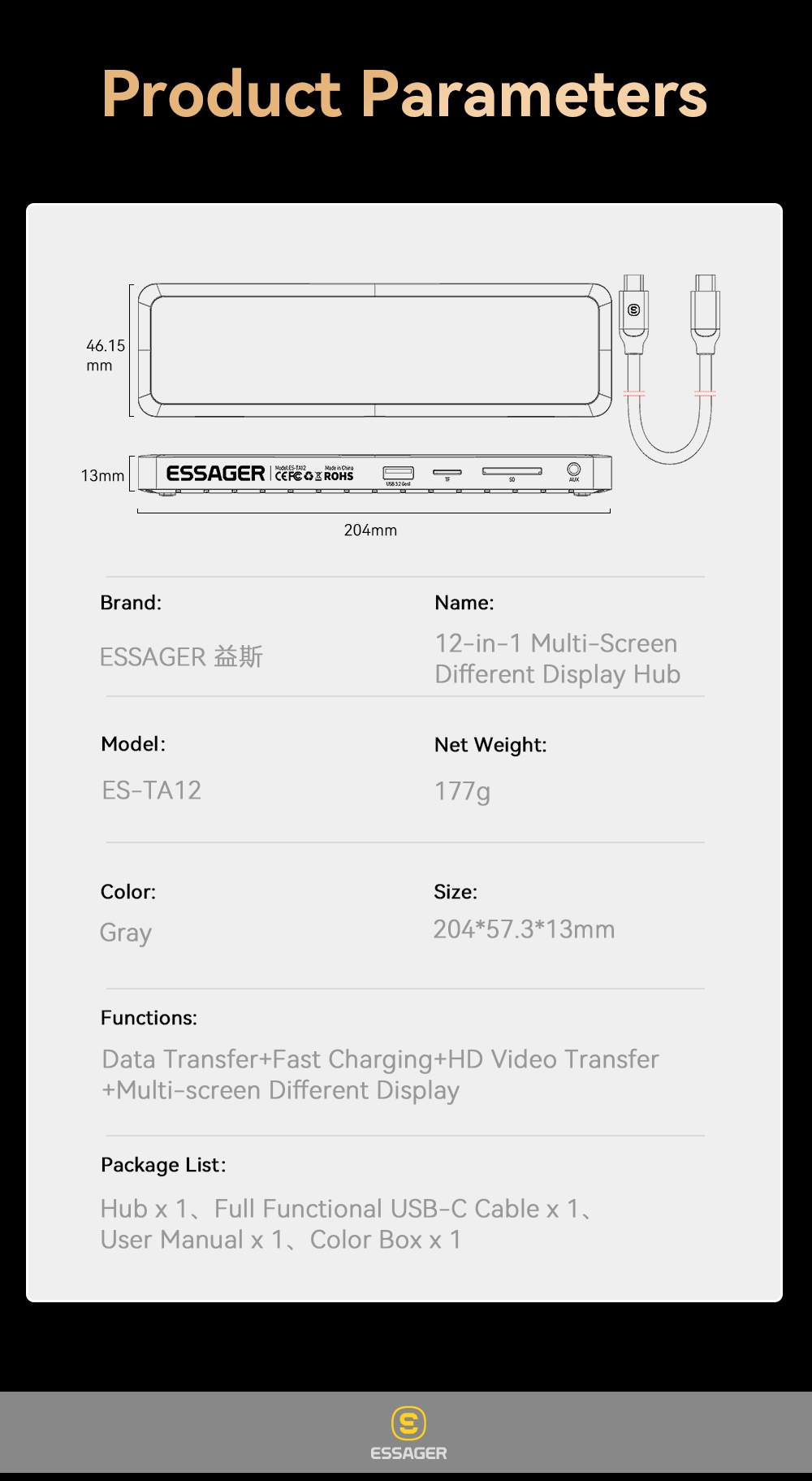 12 In 1 Fast Charging USB Hub 100W With Screen Share Function